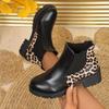 Women's Leopard Print Chunky Heel Chelsea Ankle Boots Slip-On Round Toe Non-Slip Rubber Sole All-Season Casual Black & Tan