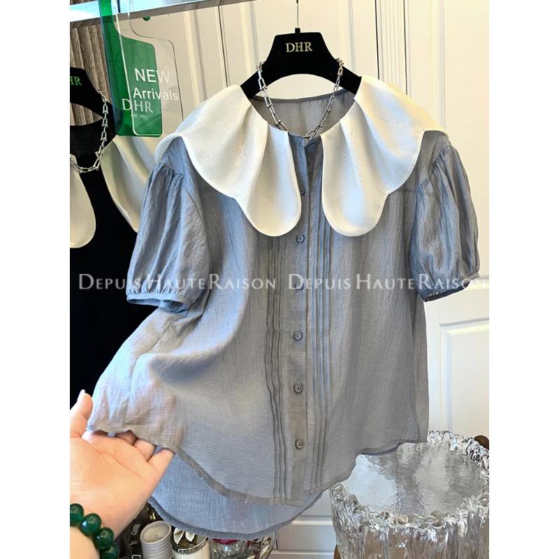 French Doll Collar Short-sleeved Shirt for Women with Puff Sleeve Design Pure Lust Top