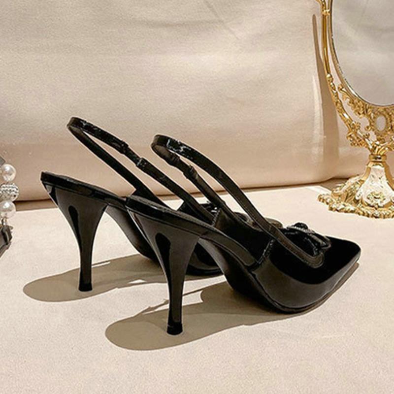 Fashion Baotou Sandals Women Diamond Buckle New Thin Heel Square Hollow Sexy Black Patent Leather Kitten Heels