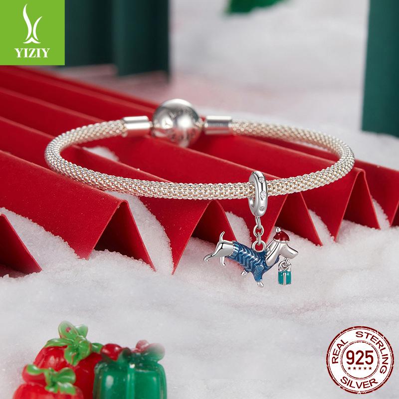 Handmade S925 Sterling Silver Dachshund Christmas Pendant with White Gold Plating - Creative DIY Jewelry Accessory
