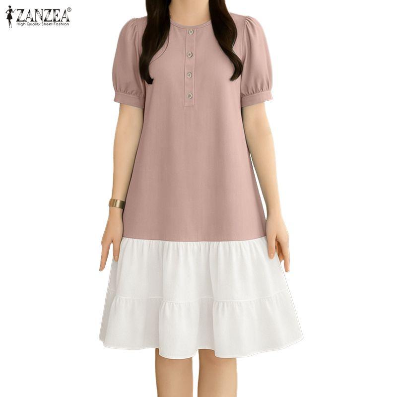 ZANZEA Women Casual Round Neck Loose Short Sleeve Splice Dress