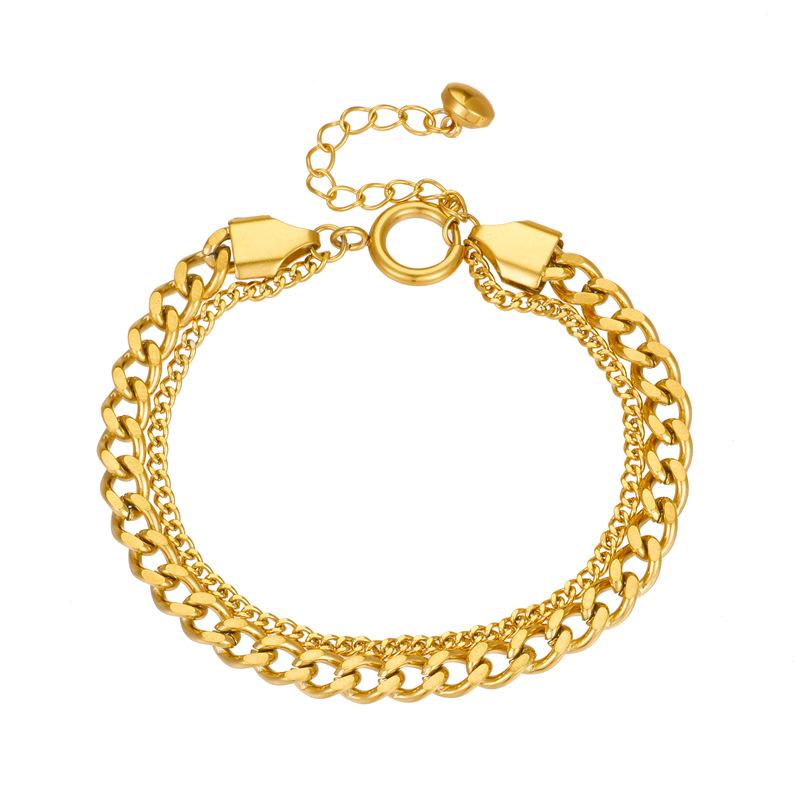 Gold Plated Double Layer Curb Chain Bracelet, Dainty Adjustable Miami Cuban Link for Women, Trendy Streetwear Jewelry
