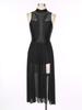 Womens Dance Performance Costume Sparkly Rhinestone Sleeveless Dress Mock Neck Back Keyhole Side Split Dresses