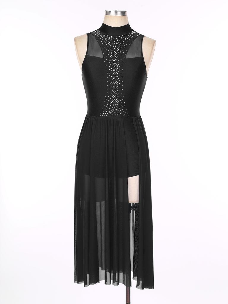 Womens Dance Performance Costume Sparkly Rhinestone Sleeveless Dress Mock Neck Back Keyhole Side Split Dresses