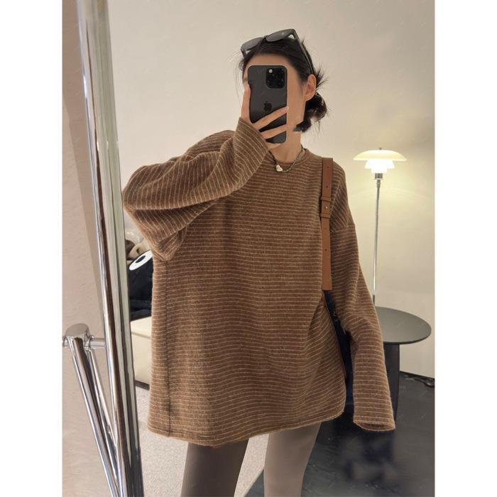 European fashion retro loose long-sleeved striped bottoming shirt T-shirt women s spring 2026 versatile casual top trend S