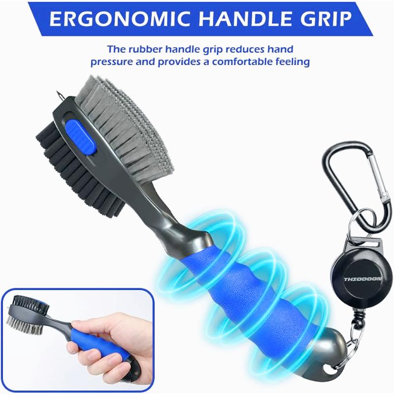 Golf Club Brushes and Groove Cleaner 2 ft Retractable Zipline Carabiner Golf Brush Head with Retractable Spike Comfortable Grip Golf Club Cleaner