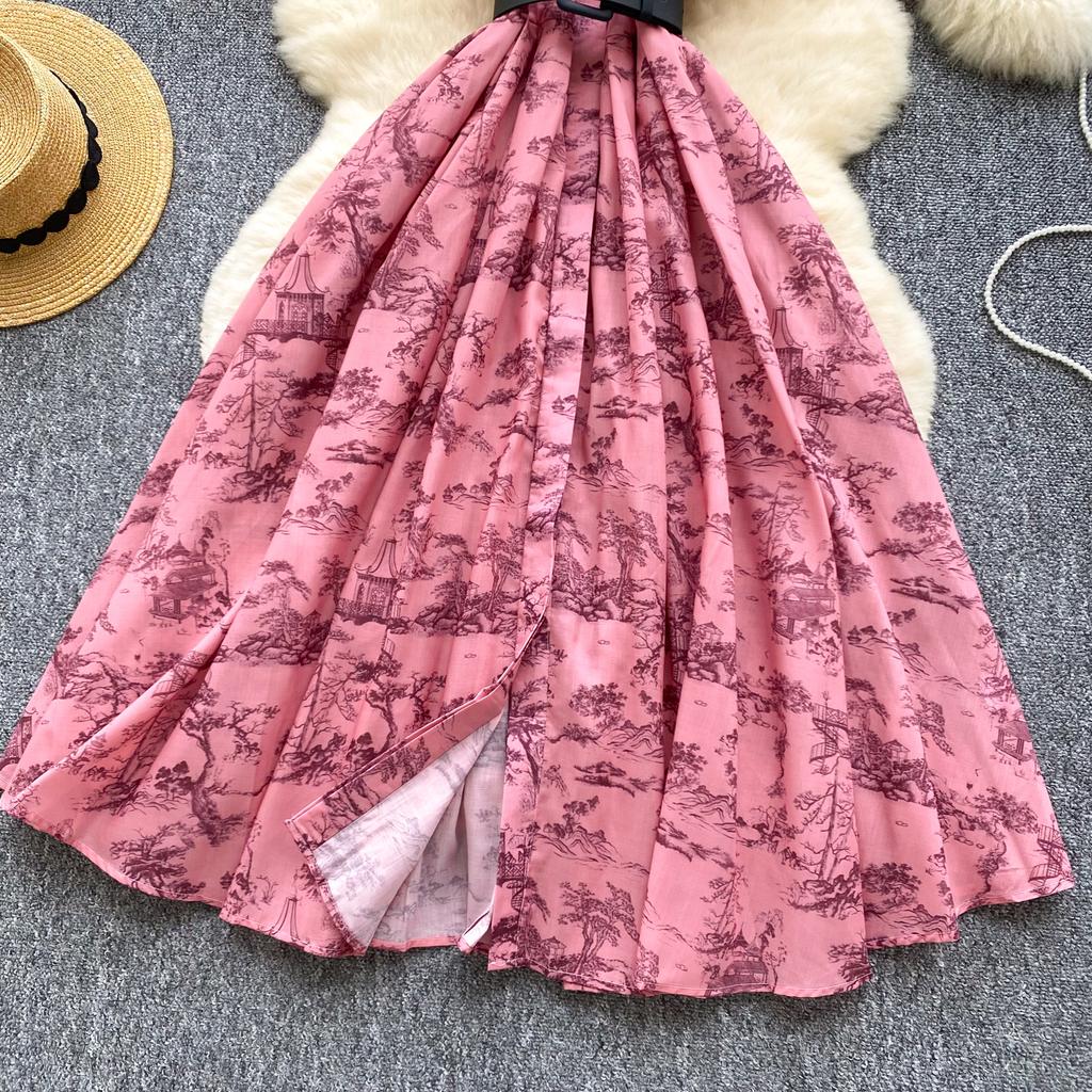 Women's Lapel Collar Vintage Midi Shirt Dress Summer Runway Pleated Short Sleeve Retro Jungle Print Belt Ladies Midi Dresses