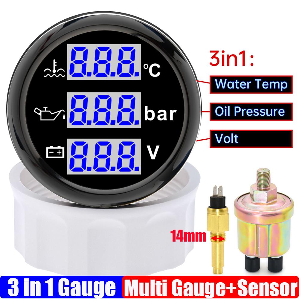 Blauer LED Digitaler 52mm Messgerät mit Alarm 0~120℃ Wassertemperaturanzeige+Öldruck+Spannung mit Öl-/Wassertemperatursensor
