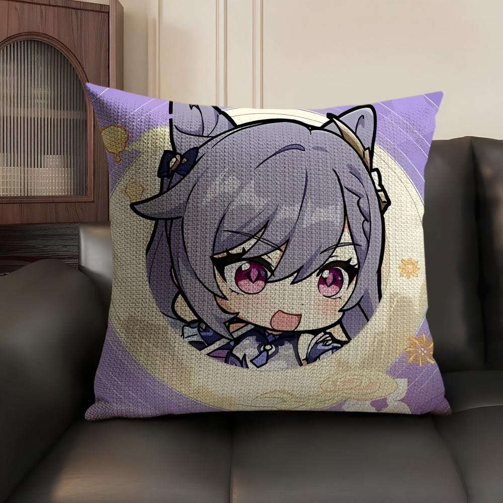 Keqing Cute Genshin Impact Cushion Cover Natural Linen Organic Fabric DoubleSided Printing Sofa Home Decor Gift Pillow Case