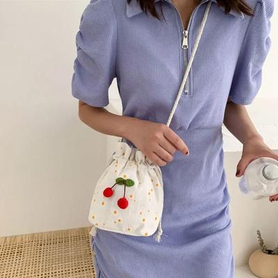 Women's Summer Simple Casual Small Satchel Women's Fashion Shoulder Bag Cute Canvas Cherry Bucket Bag