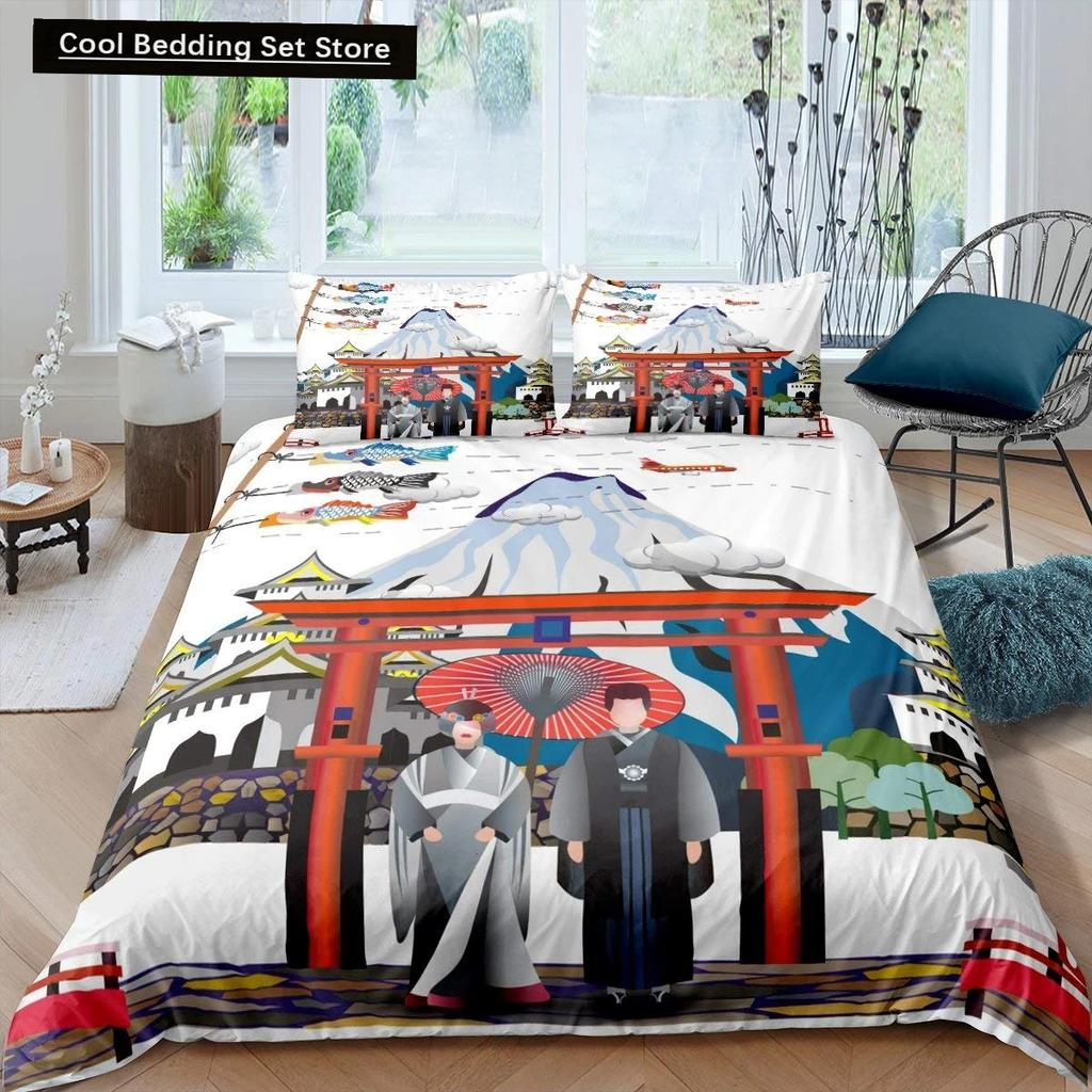 Japanese Style King Queen Duvet Cover Koi Fish Cherry Bedding Set Ukiyo-E Geisha Quilt Cover Sun Crane Polyester Comforter Cover