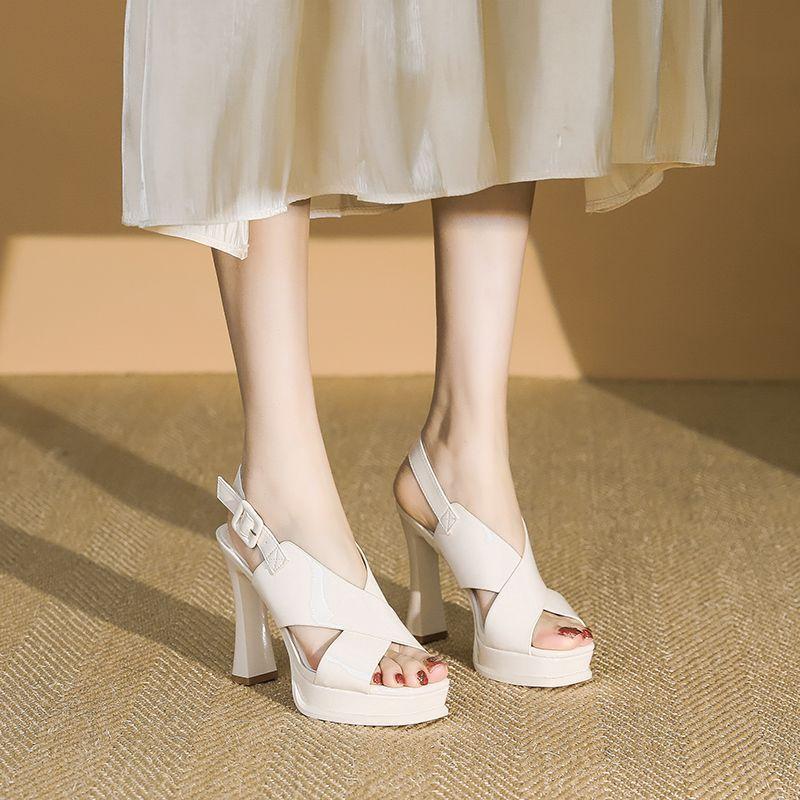 2025 Summer New Roman Women's Shoes Color Matching Hollow One-word Buckle High Heels Women's Thick Heel Waterproof Table Sandals