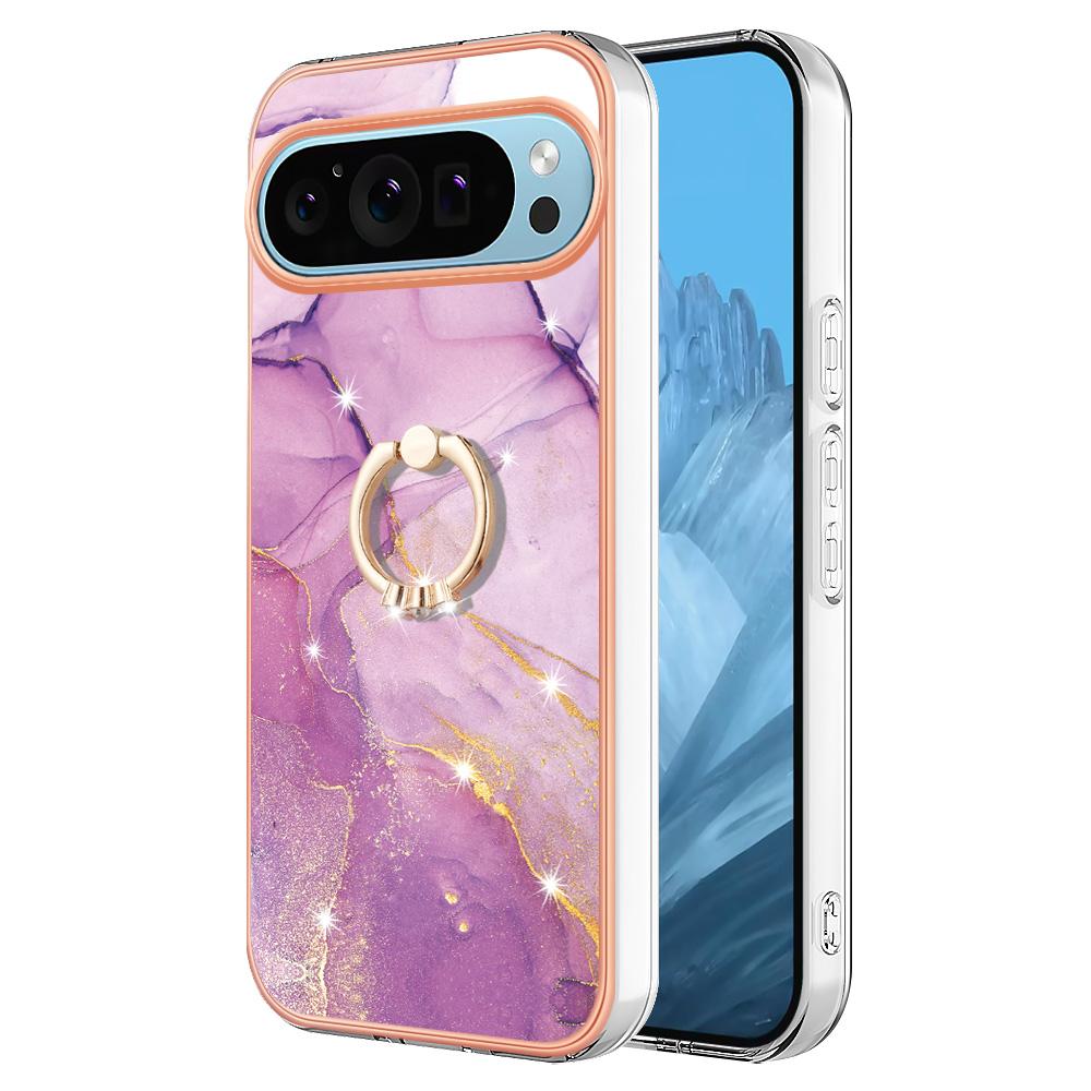 For Google Pixel 9/Pixel 9 Pro Case with Ring Kickstand Marble Pattern Electroplating TPU Back Cover