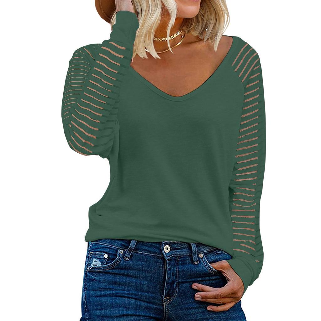 Women's Patchwork Long Sleeved Top Striped Casual Loose Shirt Solid Color Top V Neck  Top