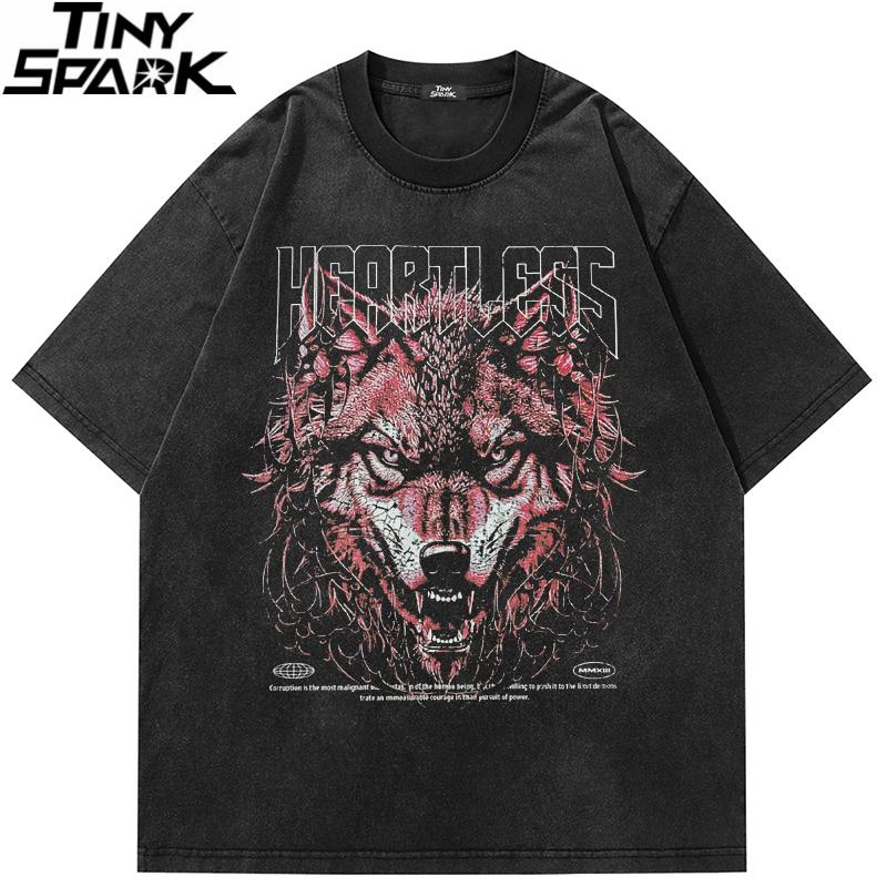 Men T Shirt Streetwear Hip Hop Oversized T Shirt Red Wolf Animal Graphic Tshirt Faded Black Cotton Tops Tee Vintage Hipster