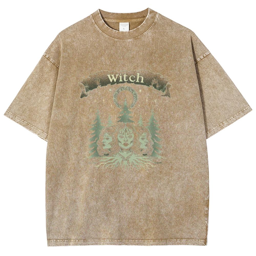 Vintage Style Three Witch Print Women's T-Shirt Oversized Washed Tees Summer Selling Unisex Niche Design Short Sleeve