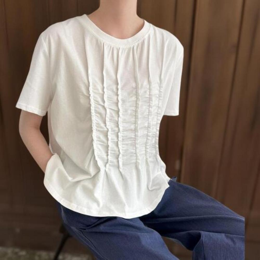 New Arrivals Open Run Women Shirring Round Neck CoTTon ShorT Sleeve T shirT