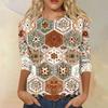Women's Fashion Casual Round Neck Three-quarter Sleeve Retro Floral Print T-shirt Top