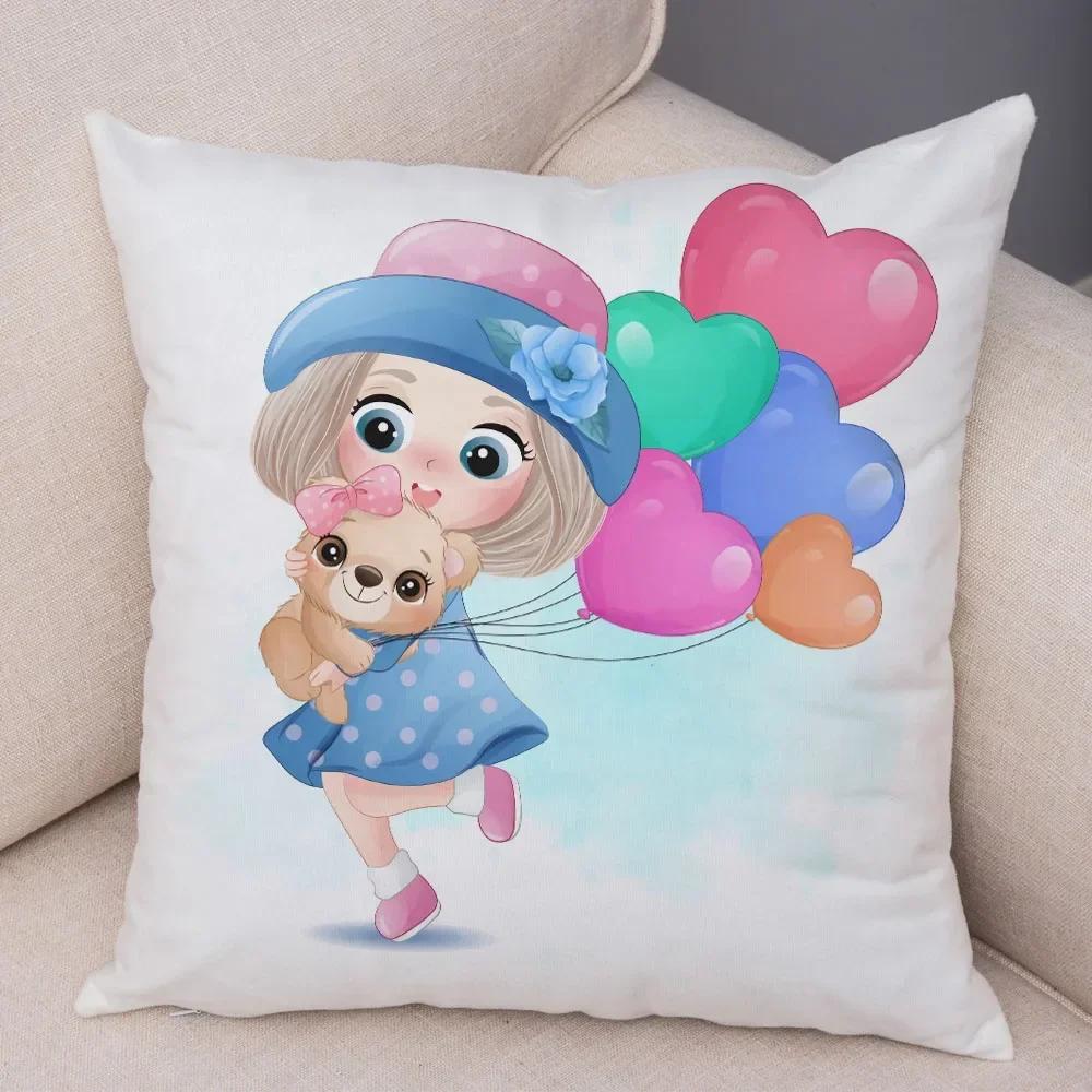 Cute Cartoon Girl and Cat Cushion Cover for Children Room Sofa Home Car Decor Lovely Child Pillow Case Plush Pillowcase 45x45cm