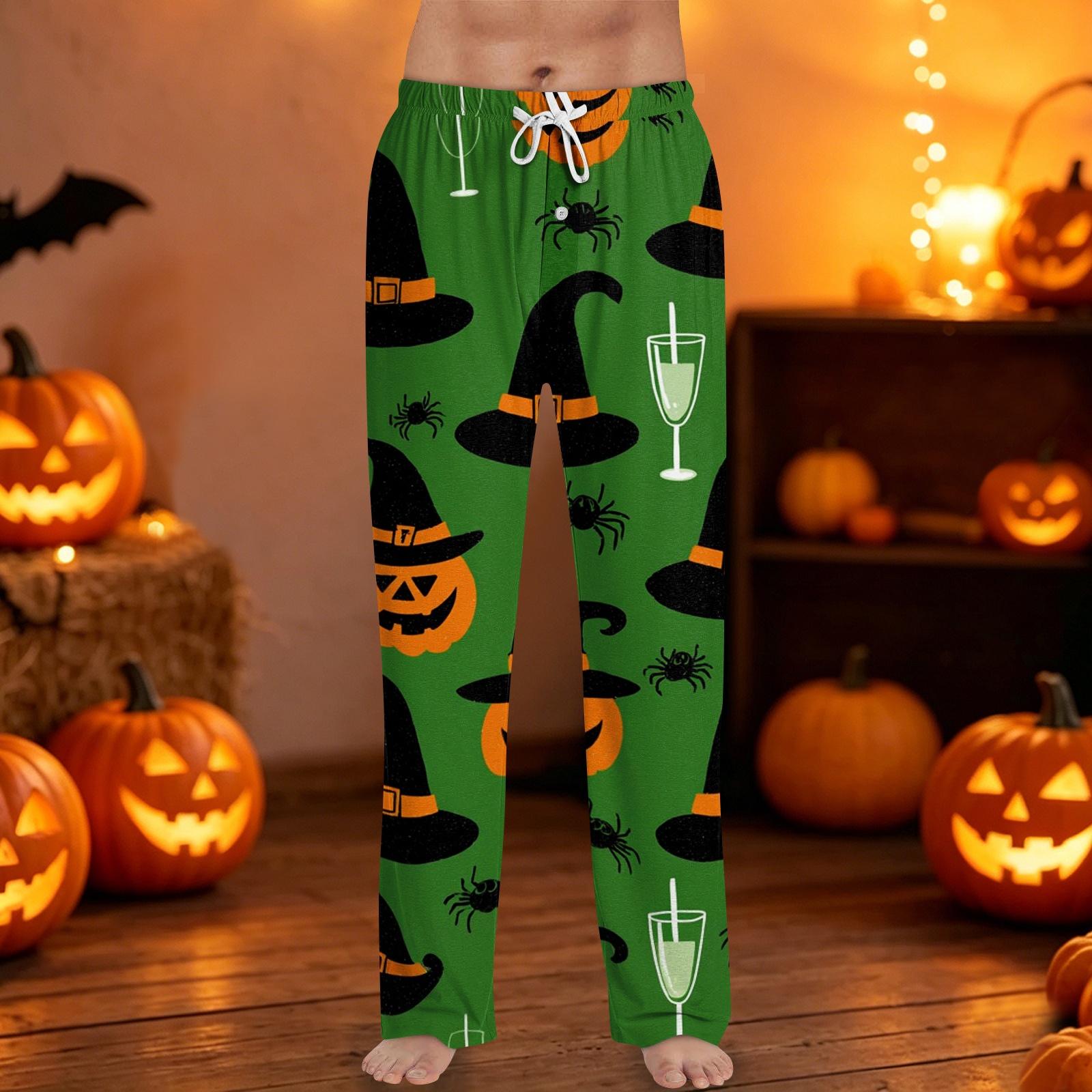 Men s Halloween Print Drawstring Long Pants Casual Loungewear Sleep Pants with Elastic Waistband for Home and M