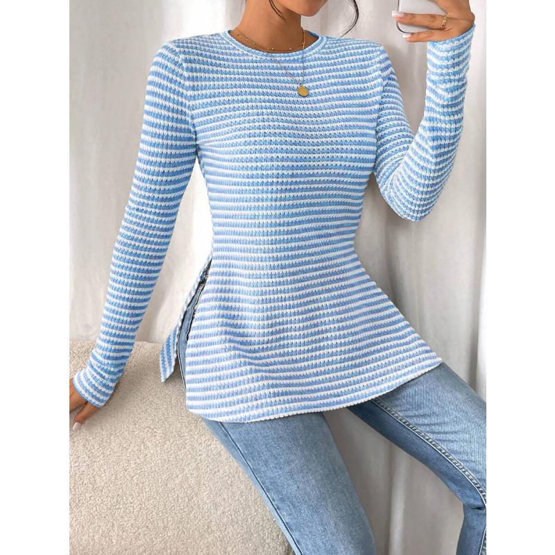 Damenmode Lässig Frühling Herbst Streifendruck Langarm O-Ausschnitt Blusen & Hemden