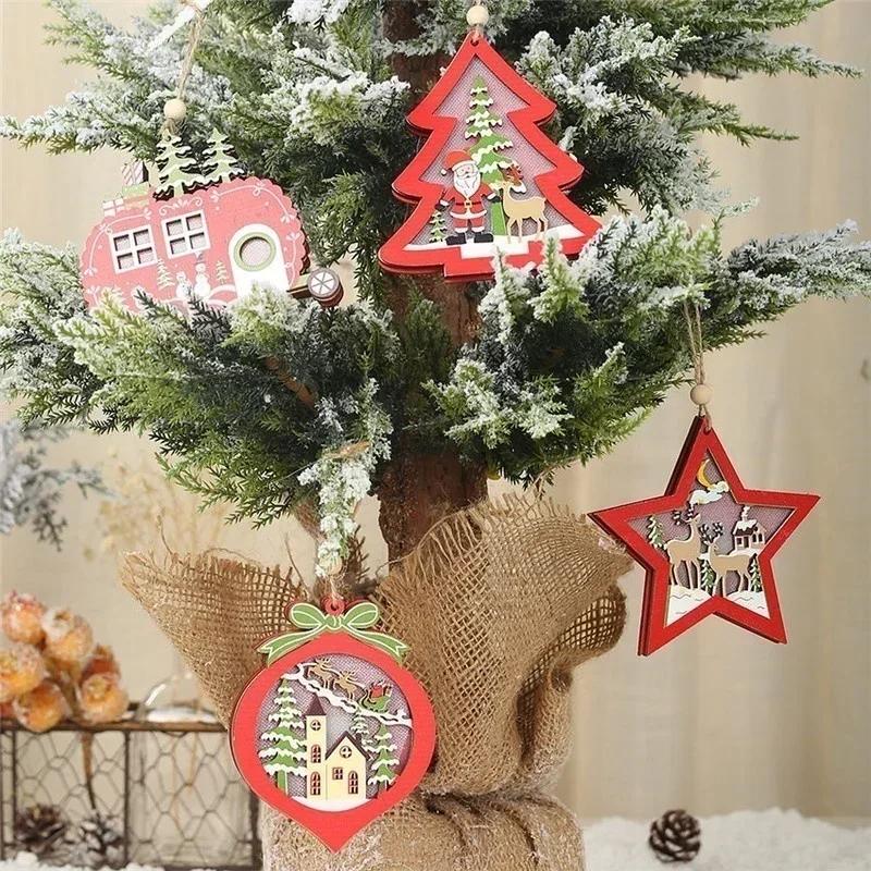Christmas LED Light Tree Star Car Wooden Pendants Ornaments Xmas DIY Wood Crafts Kids Gift Festival Party Supplies