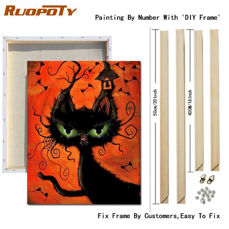 RUOPOTY Painting By Number Cat Animals DIY Frame Acrylic Handpainted Drawing On Canvas Autumn Pumpkin Gift Home Decoration