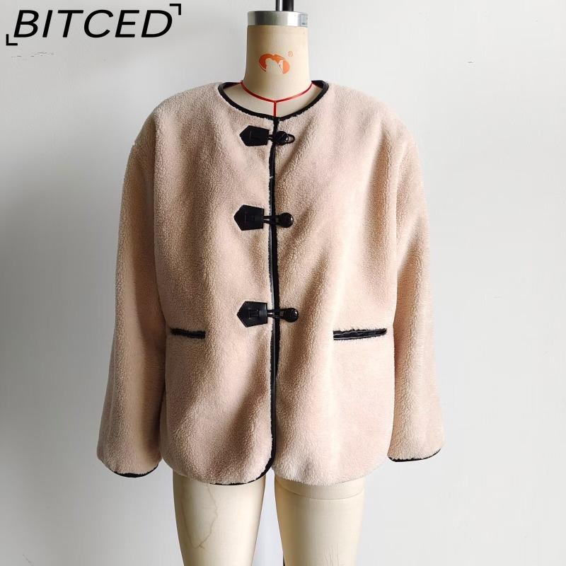 BITCED Women's Spring/Autumn Plus Size Casual Oversized Shearling O-Neck Jacket