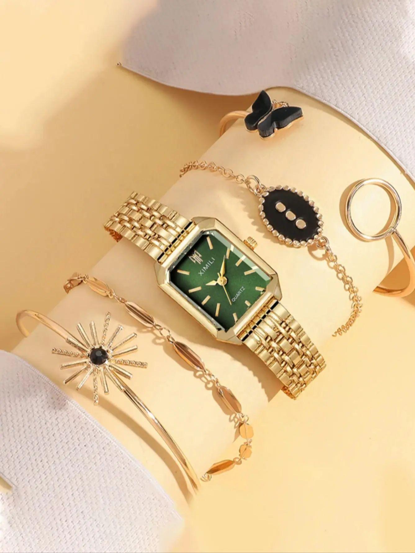 

Модные Элитные Маленькие Квадратные Женские Кварцевые Часы-Браслет Без Цифр на Циферблате со Сплавным Ремешком, Набор из 5 Штук для Дня Благодарения Рождества зелёный