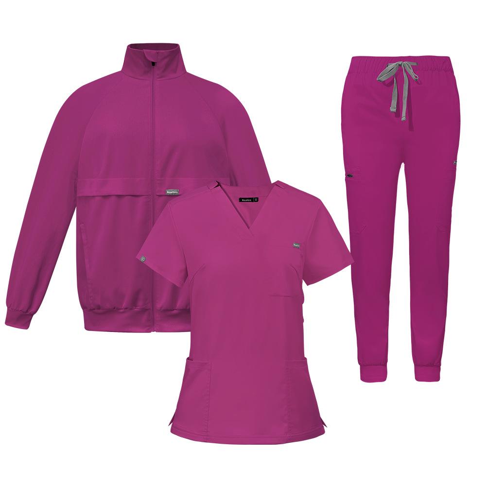 Three-Piece Nurse Scrub Set: V-Neck Jacket, Short-Sleeved Top, Long Pants with Elastic Waist.