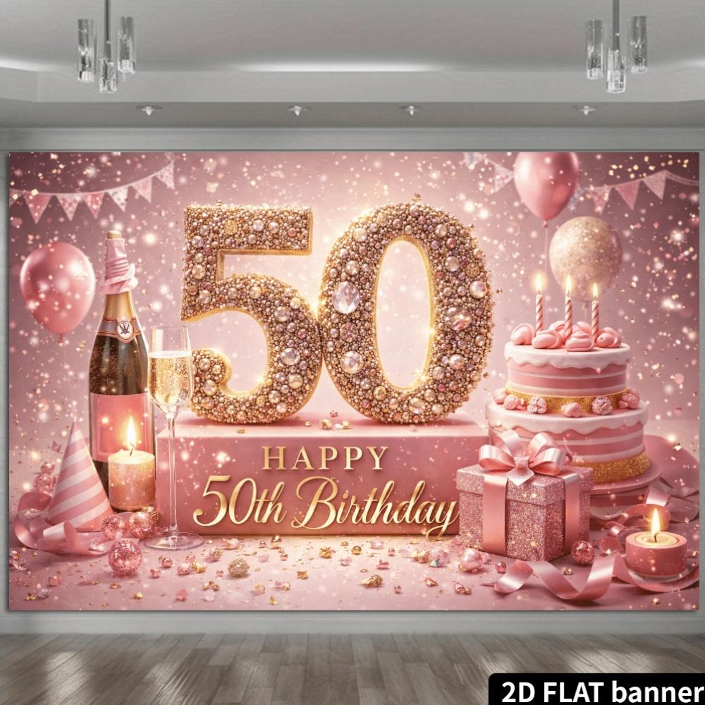 2D Plane 50th Birthday Party Backdrop Fabric Golden Glittering Diamonds Numerals 50 Theme Champagne Bottle and Striped Party