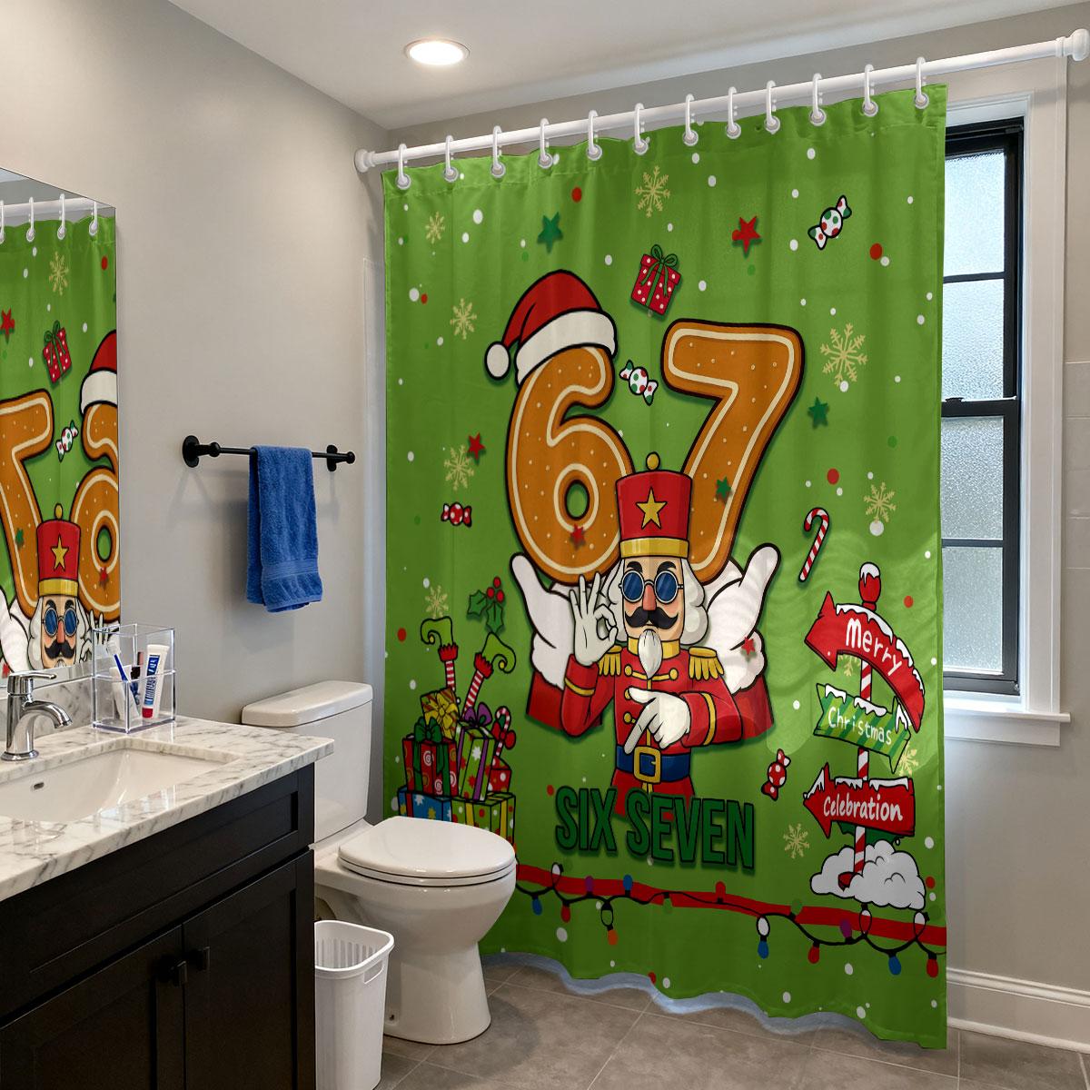 

1pc Merry Christmas 67 Element Printed Waterproof Shower Curtain Partition Privacy Hanging Curtain with 12 Hooks Multiple Size 90x180cm