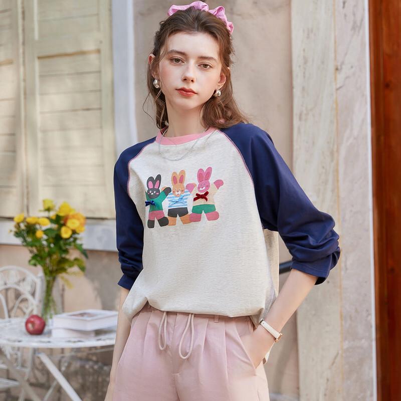 Bailuyu Casual Long Sleeve Pure Cotton T-Shirt with Fun Color Block Pattern