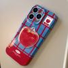 Blue and red contrasting plaid case suitable for iPhone 16 Pro Max, 3D red apple 17, full cover 15, with lanyard 13, film 11