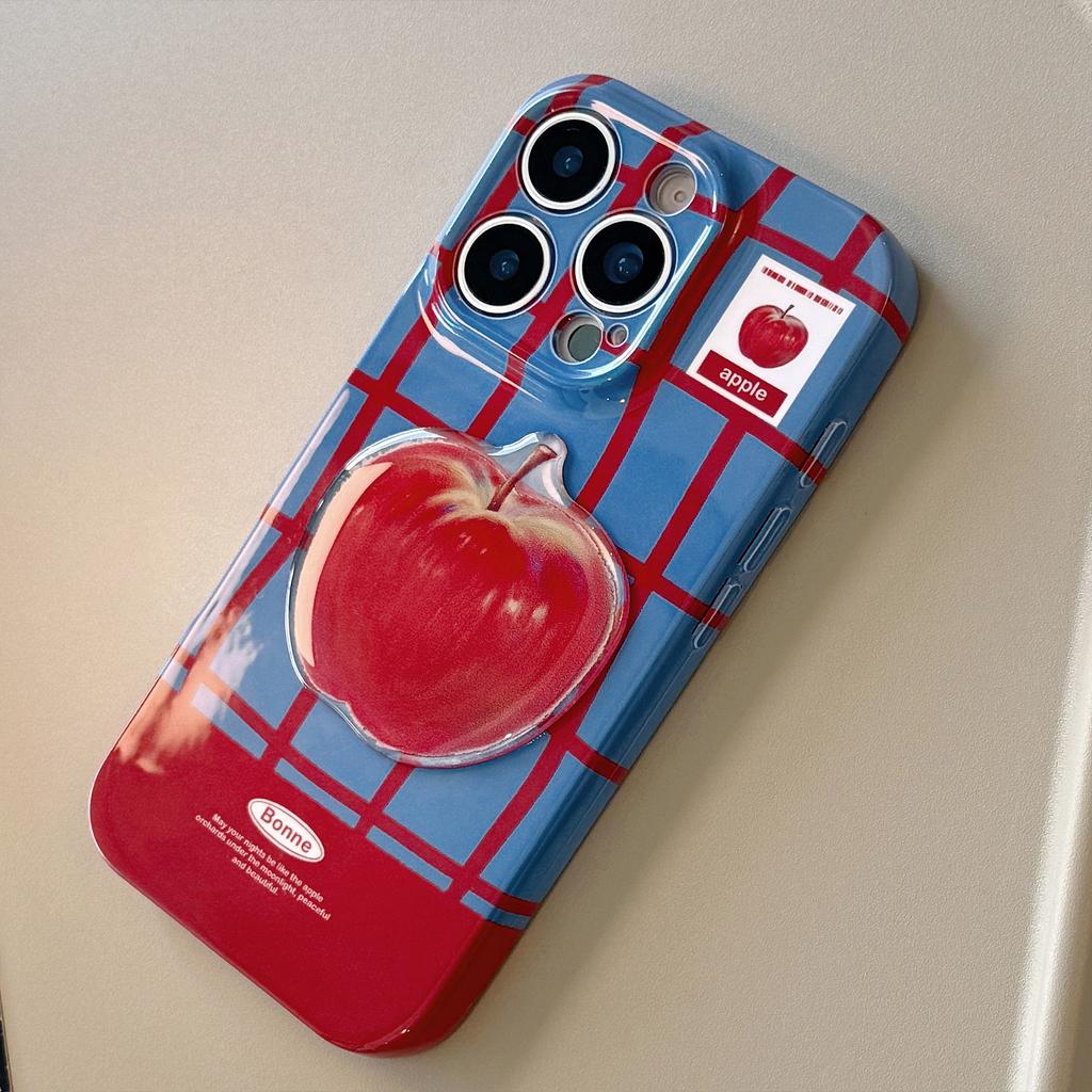 Blue and red contrasting plaid case suitable for iPhone 16 Pro Max, 3D red apple 17, full cover 15, with lanyard 13, film 11