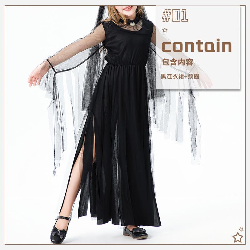 Halloween Children's Costume Girls Dark Demon Ghost Bride Long Dress Vampire Witch Funny Show Costume