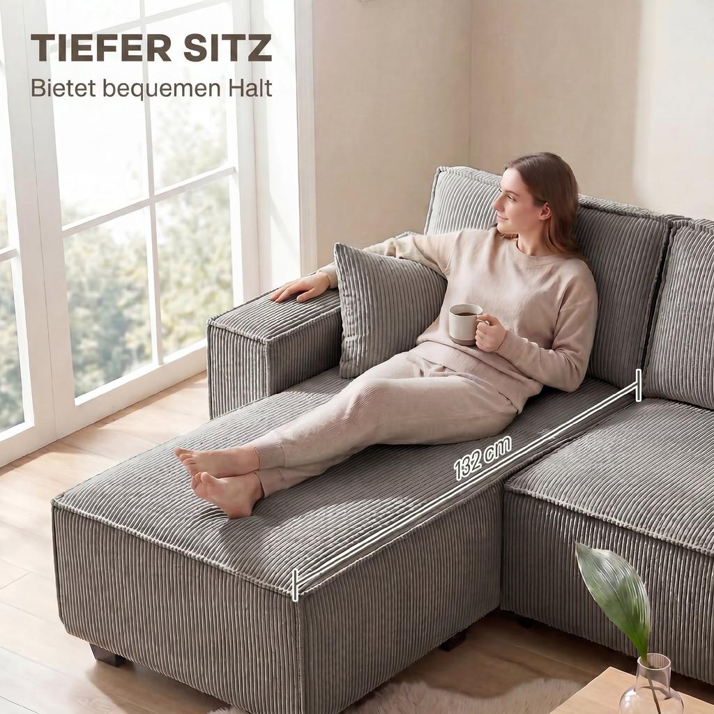 Corner Sofa with Double Chaise Lounges, U-Shaped Sofa Made of Corduroy Fabric with Wide and Deep Seat, Spring Cushions, Light Grey