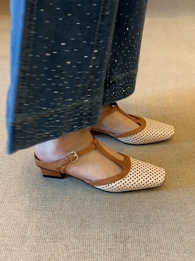 

thick heel 3cm new French color matching commuter thick heel T-belt woven hollow bag head cool slippers women s bag head half drag 34