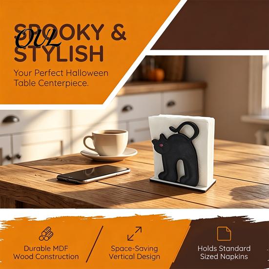 Decorative Wood Tissue Stand Halloween Napkin Holder, Vintage Rustic Dispenser Organizer, Spooky Ghost Stable Log Base Holder Black Cat Boo