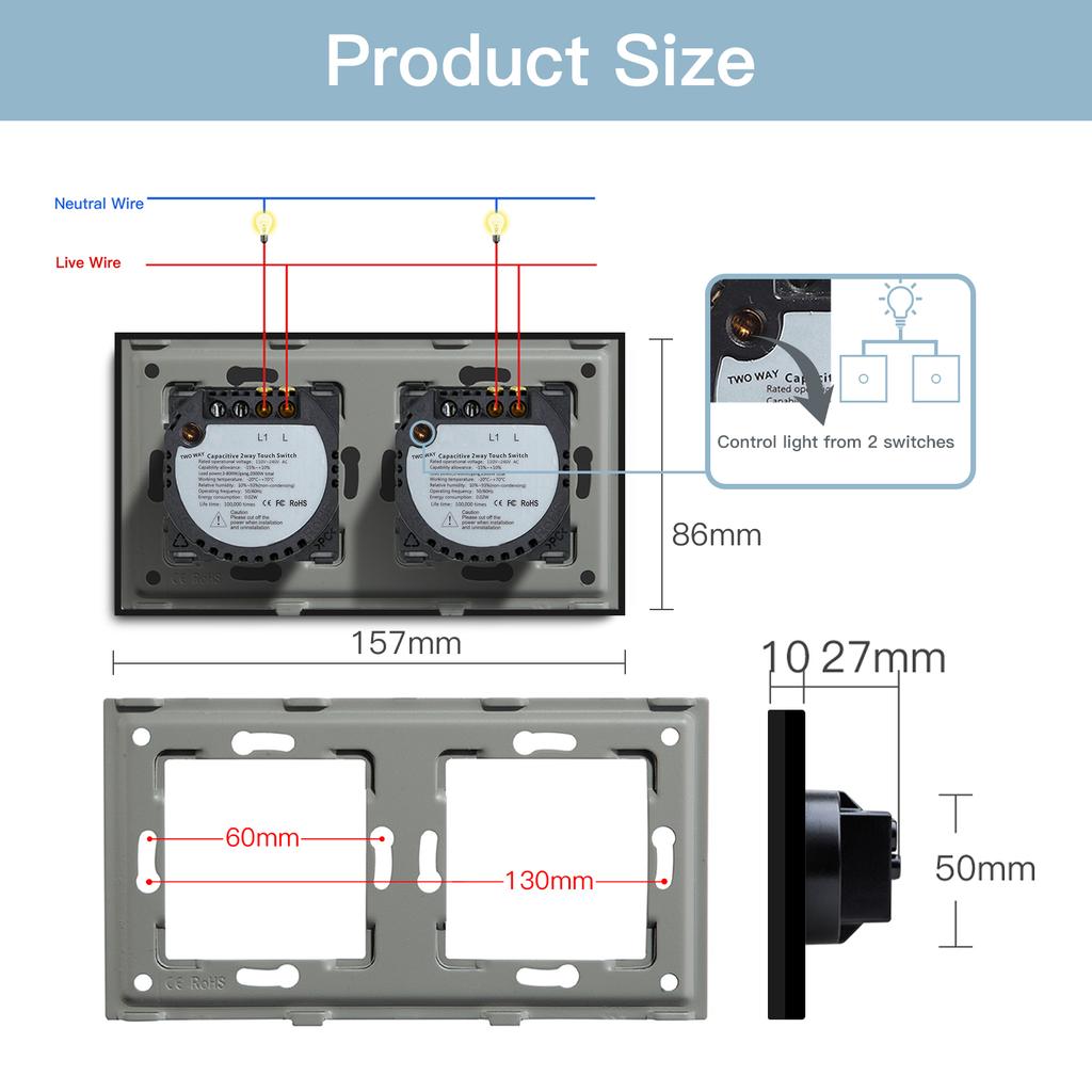 BSEED 1/2/3Gang Single Wall Touch Switches Double Triple Light Switches 1/2/3Way Multiple Control For Stairs Bedroom EU Standard