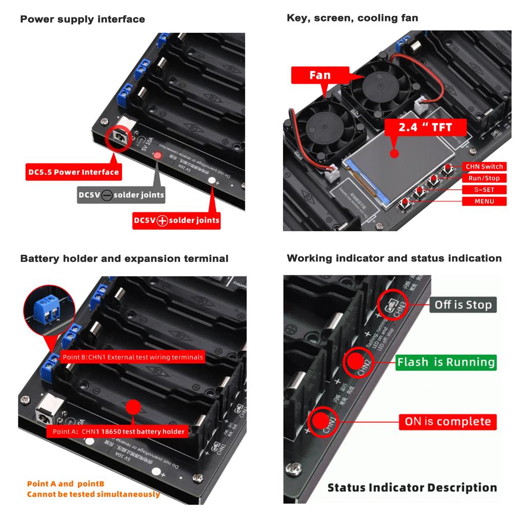 8-Kanal 18650 Batterietester 2,4-Zoll-TFT-Display Batteriekapazitätsprüfung mit MultiMode