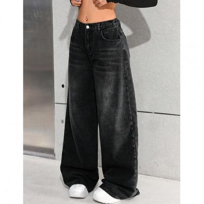 Womens High Waist Wide Leg Straight Cut Black Cotton Denim Pants Loose Fit Casual Office Wear 2026