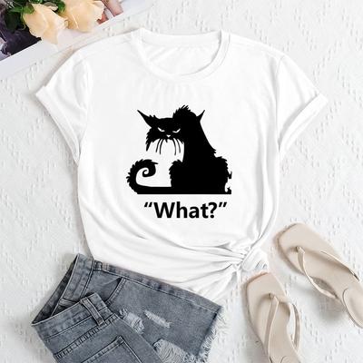 Summer Women's English What Cat Printed Round Neck Loose Casual Cotton Short Sleeves T-Shirts Women's