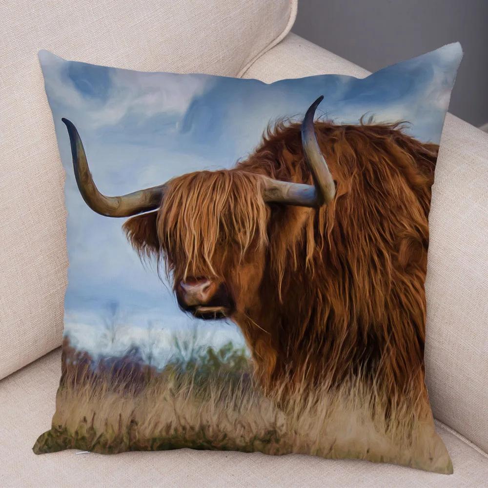 Scotland Kyloe Pillow Case Decor Wild Cow Colorful Animal Print Pillowcase Soft Short Plush Cushion Cover for Home Sofa 45x45cm