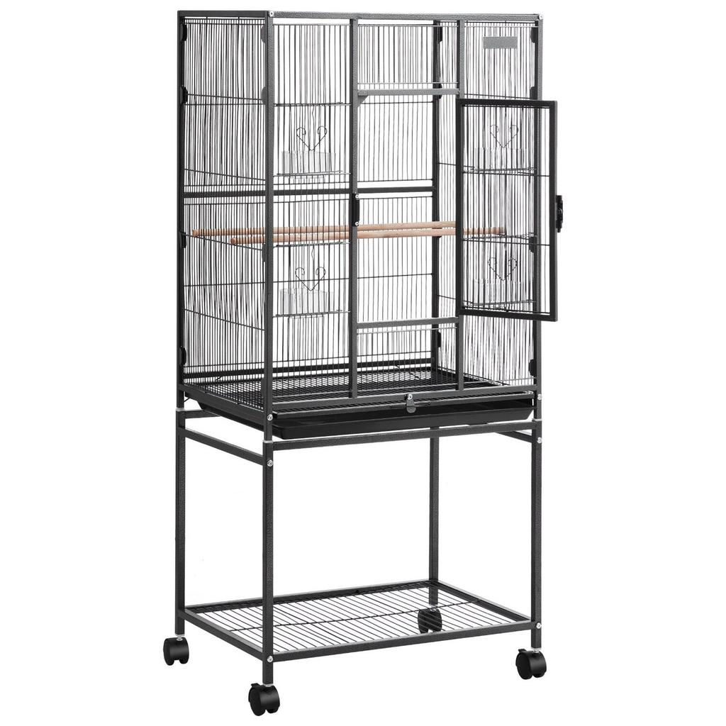 Bird Cage, 625 x 425 x 1370 mm, Flat Top, Wrought Iron Bird Flight Cage with Perches, Slide-Out Tray and Plastic Feeders, Casters, for Parrot, Blue
