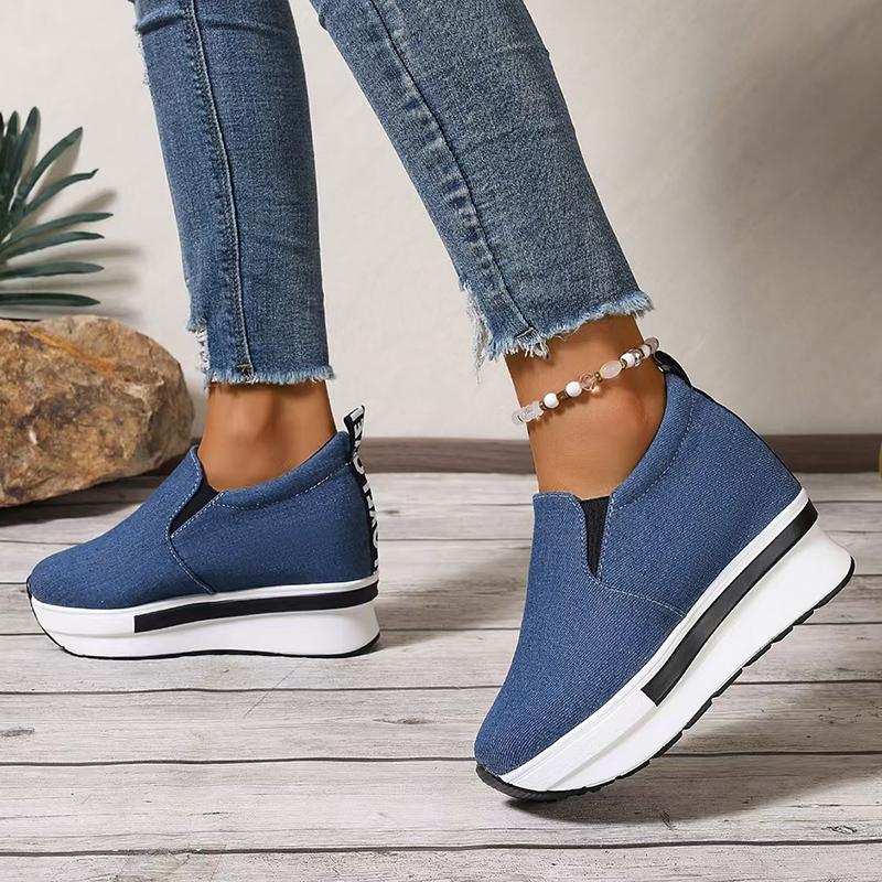 Women's Denim Wedges Heel Fashion Round Toe Sneakers Ladies Daily Casual Shallow Mouth Non-Slip Walking Women's Vulcanised Shoes