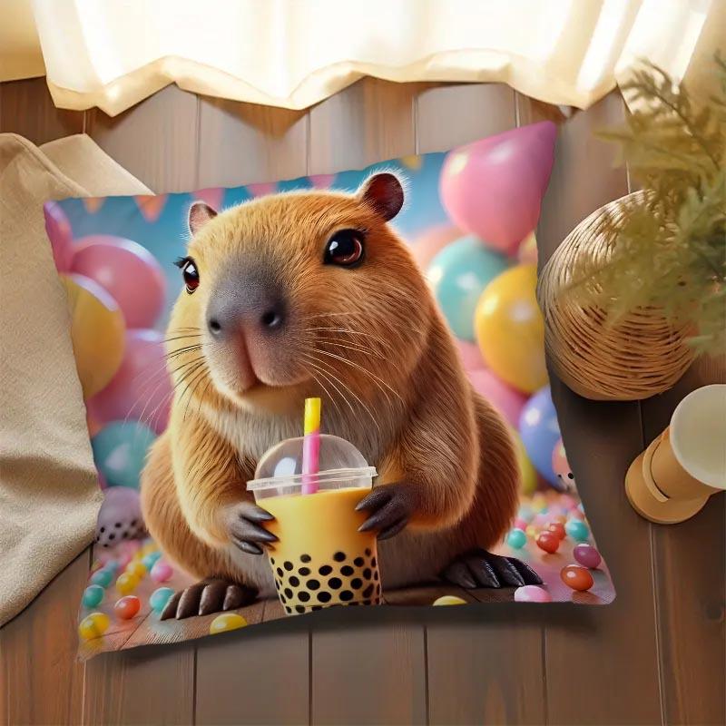 1Pc Capybara Bubble Tea Cushion Cover, Bohemian Style Zippered Pillowcase, Soft Print, Machine Washable For Living Room Bedroom