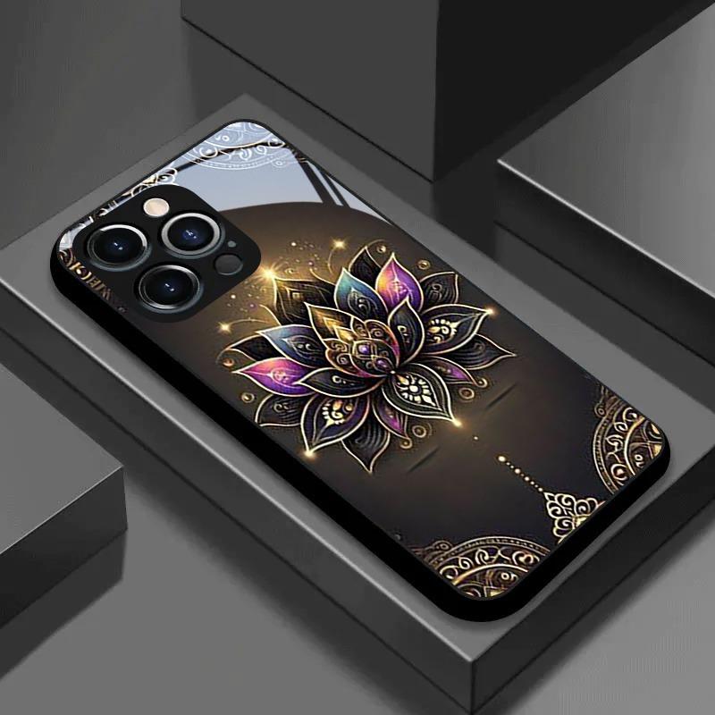 

Golden Lotus Flower Tempered Glass Phone Case For iPhone 11 12 13 14 15 16 17 Pro Max 17Air 7 8 Plus XS X Shockproof Cover iPhone 16 Pro Max