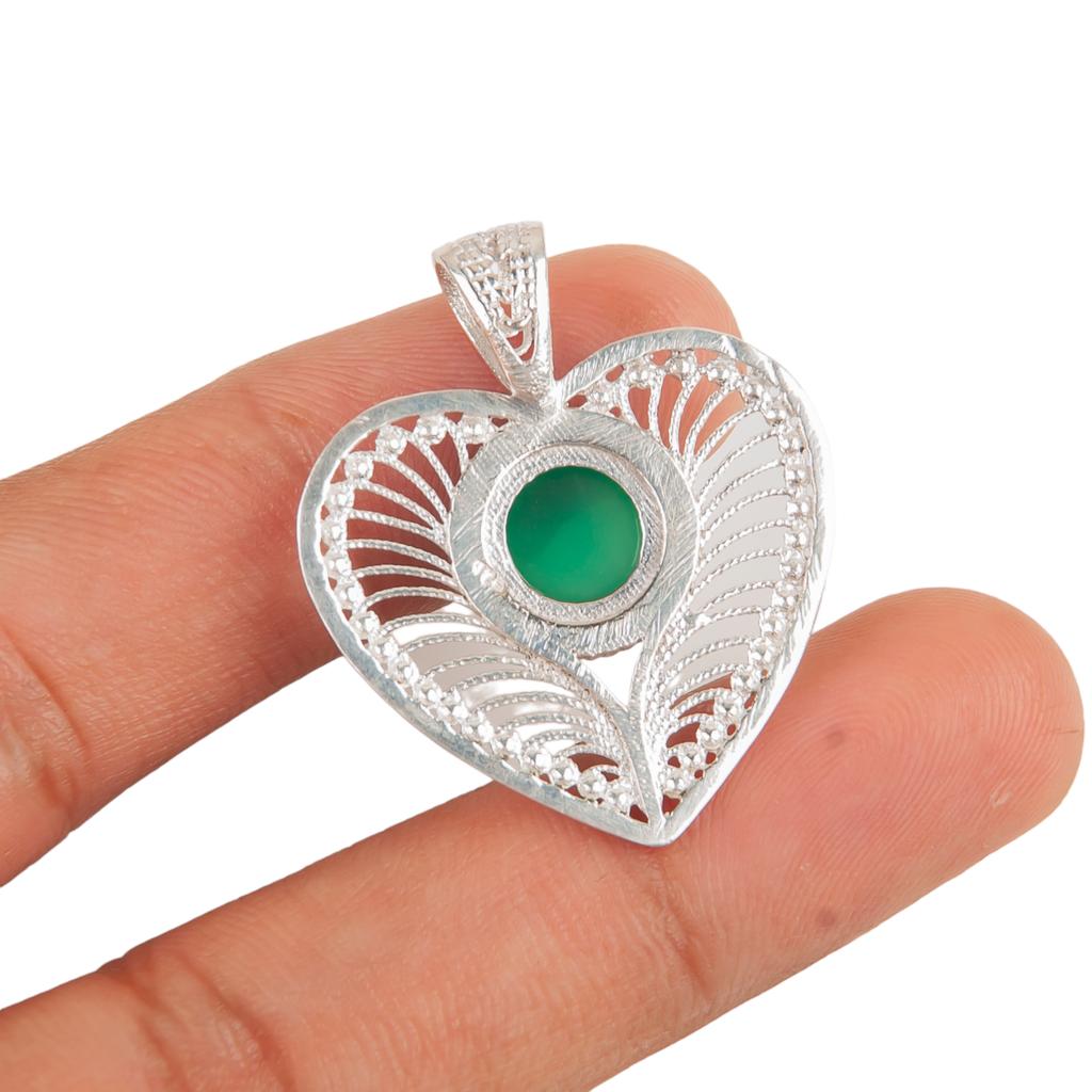 Rare Green Onyx Gemstone 925 Sterling Silver Jewelry Handmade Boho Pendant 1.4" CP-15-29