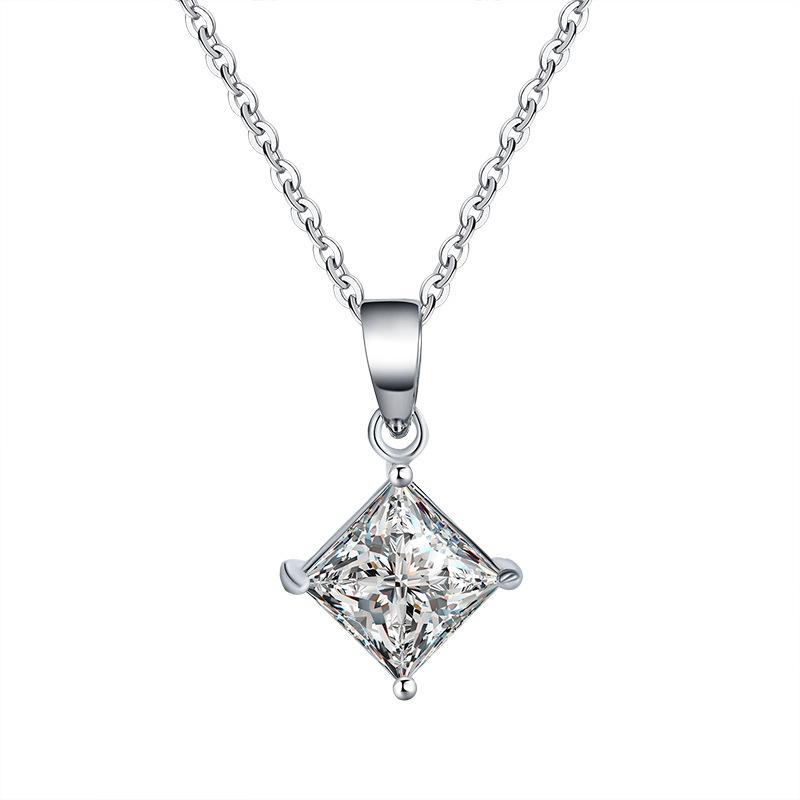 Hot Selling Cross‑border S925 Sterling Silver Princess Cut Moissanite Pendant Necklace for Women, Clavicle Chain, Valentine's Da